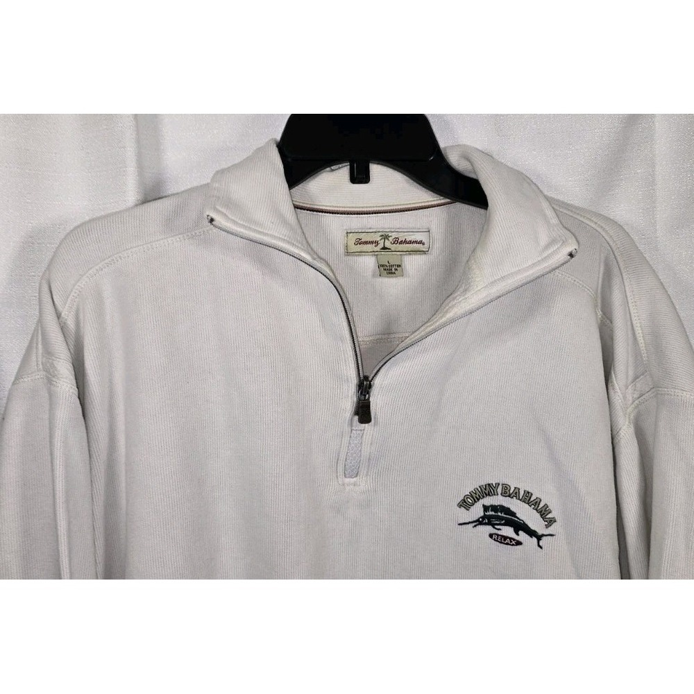 Tommy Bahama Relax Mens White Ribbed Cotton Quarter Zip Pullover Marlin Logo L
